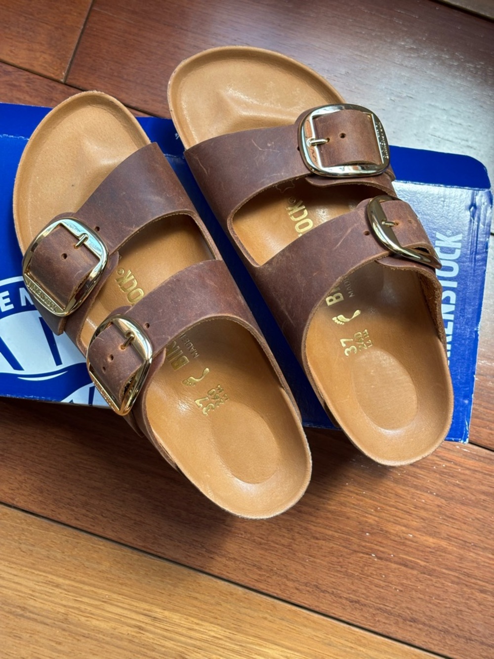 Birkenstock Brown Leather Two-Strap Sandals with Gold Buckles